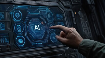 Obraz premium Hand Interacting with Futuristic AI Control Panel Displaying High-Tech Digital Interface and Graphics