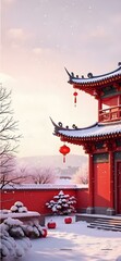 Red Traditional Chinese Pavilion in Snow: Festive Winter Architectural Scene