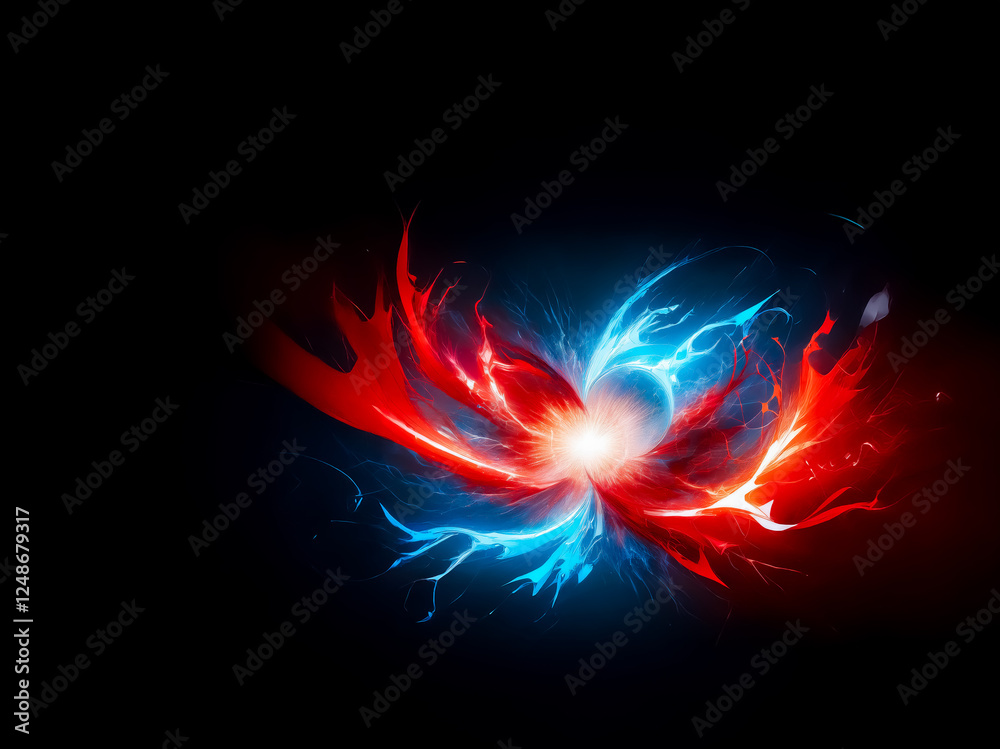 Poster vibrant abstract design featuring dynamic red and blue light streaks. energetic and visually strikin