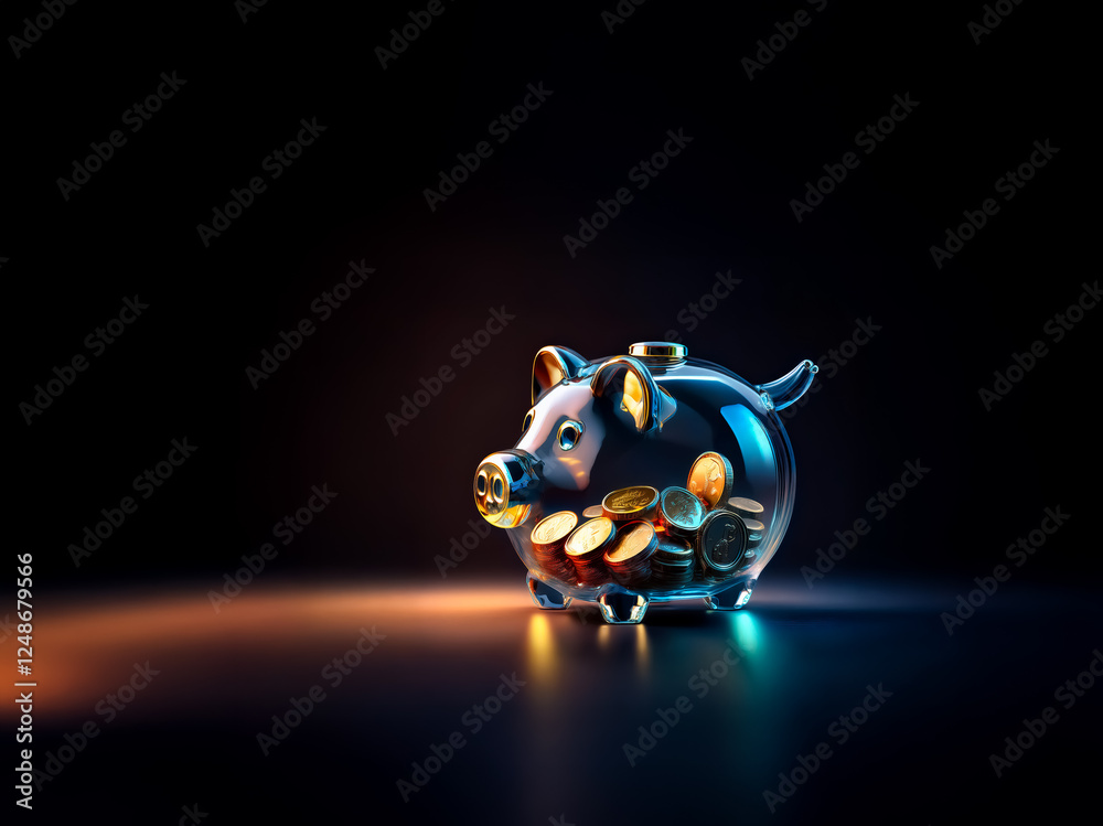 Poster illuminated transparent piggy bank filled with gold coins sits against a dark backdrop. colorful lig