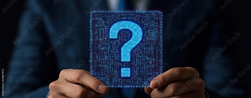 Poster Digital technology concept with a glowing question mark held by a businessman in a modern suit and pattern background