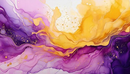 Abstract watercolour background, washed splashes, yellow and purple and golden liquid paint
