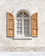 Fototapeta premium A Victorian arched window with detailed wooden shutters, surrounded by ornate stonework, painted in delicate watercolor tones of cream and light gray