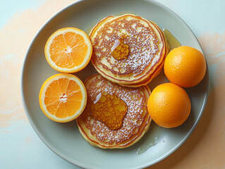 Food image: homemade pancakes with natural honey topping.