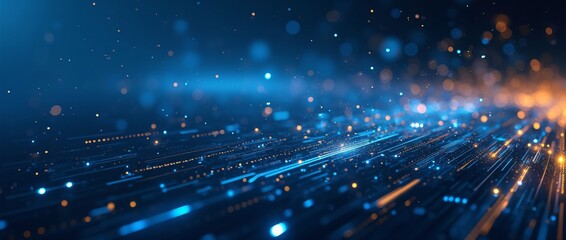 Obraz premium Digital technology speed motion blur with blue and yellow light trails. Abstract futuristic data stream. Digital transformation. Information and cyber technology concept