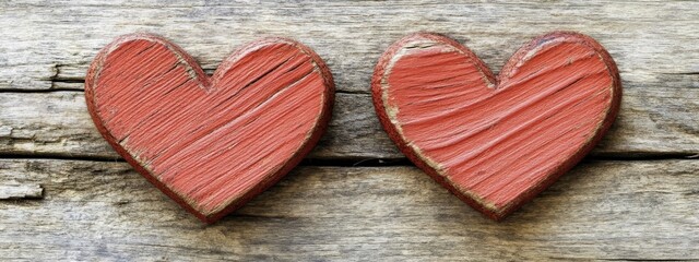 Fototapeta premium Two beautiful red wooden hearts are sitting on a rustic wooden table