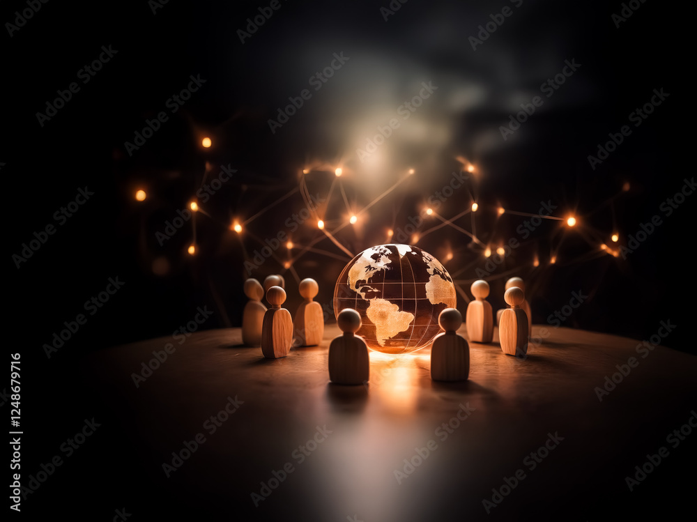 Poster wooden figures surround a glowing globe in darkness. light dots connect figures, creating a world ne