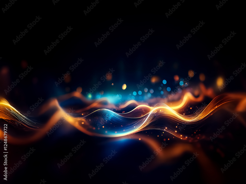 Fototapete Abstract waves of orange and blue light flow smoothly against a dark backdrop, creating a dynamic and elegant visual with bokeh effects.