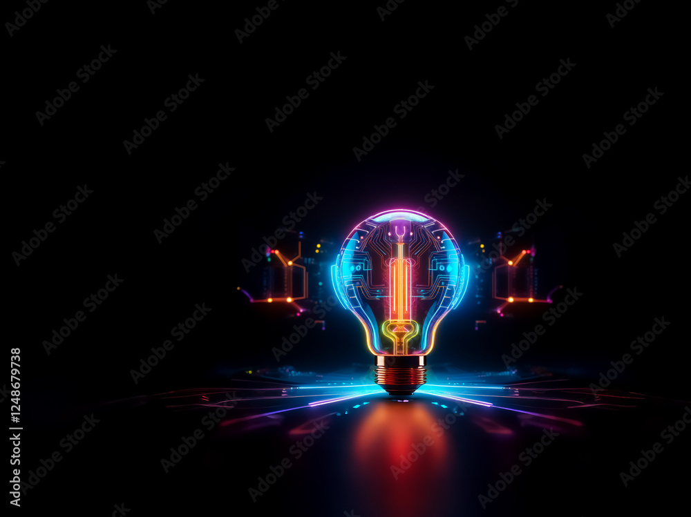 Poster a vibrant light bulb constructed from luminous digital lines shines brightly in the darkness, repres