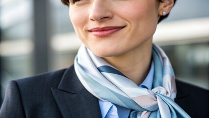 A confident smirk plays on their lips in a closeup with the soft fabric of a stylish scarf adding elegance to their attire. This image conveys a sense of approachability while