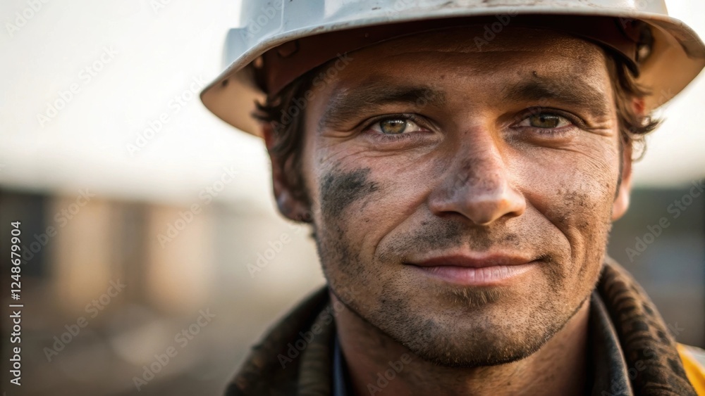 Poster a detailed closeup of a construction workers face partially shadowed by a hard hat with a smudge of 