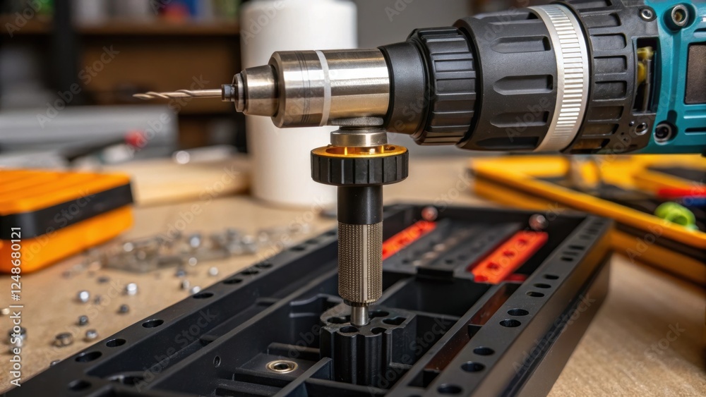 Poster a detailed view of an electric screwdriver engaged with a screw its metal tip glinting by the light 