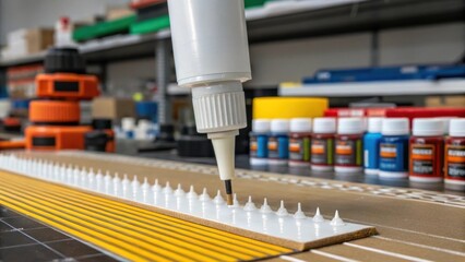 A detailed shot of the adhesive applicator a fine nozzle dispensing a uniform line of glue surrounded by various assembled products in the background depicting the tools of the