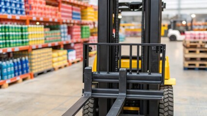 Fototapeta premium A detailed shot of the forklifts lifting mechanism highlighting the heavyduty forks gripping a palette with the background revealing a vibrant tapestry of stacked merchandise