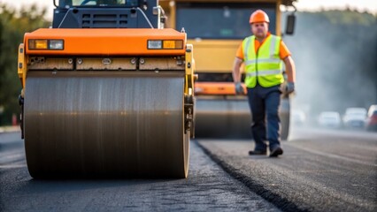 Fototapeta premium A dynamic closeup of the roller in motion with the crew members focused expression visible in the foreground illustrating the powerful synergy between operator and machine in the
