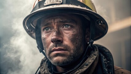 A medium closeup captures a firefighters face smudged with ash and sweat reflecting determination and resilience while wisps of smoke drift softly across the frame.