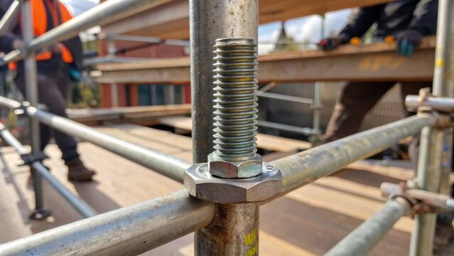 A macro shot captures the intricate threads of a bolt being secured against the rugged metal of the scaffold with the workers fingertips just visible emphasizing craftsmanship in