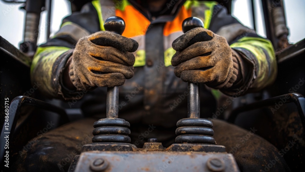 Poster A medium closeup captures the operators hands gripping the levers showcasing the texture of the reflective gear and the intricate machinery details with mud and grime hinting at a