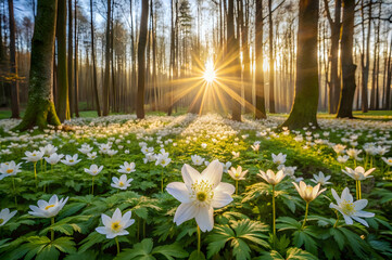 Obraz premium A serene forest scene at sunrise, featuring a carpet of white flowers under tall trees, bathed in warm sunlight.