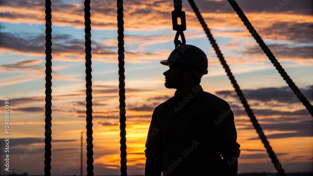 Poster a medium closeup capturing the riggers silhouette against the backdrop of a sunset the cables overhe