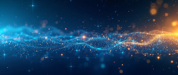 Abstract blue orange glowing particles wave background with sparkles and bokeh effects. Christmas, New Year, Diwali, Hanukkah and Ramadan celebration design with copy space for text