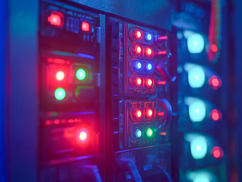 Glowing indicator lights on server racks illuminate a data center at night. - Powered by Adobe