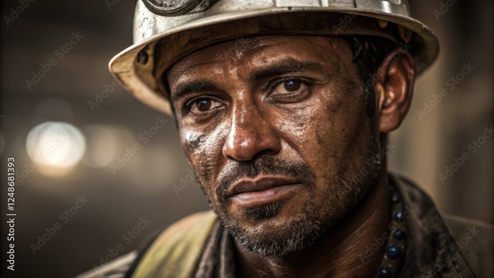 Poster a medium closeup emphasizes the pipefitters worn face beads of sweat glistening on his forehead capt