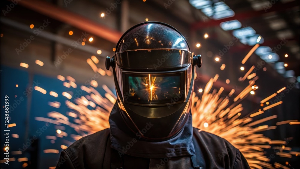 Aufkleber a medium closeup features the welders helmet reflecting the fiery sparks creating a vivid backdrop t