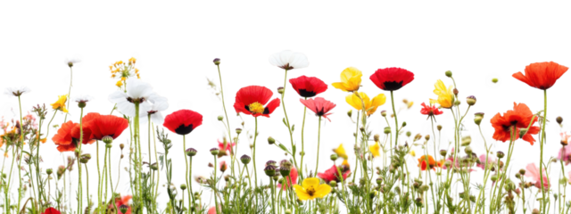 Colorful wildflowers in vibrant meadow create cheerful and lively atmosphere, showcasing variety of blooms in red, yellow, white, and pink hues