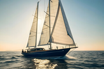Fototapeta premium A sleek sailboat glides through calm waters, illuminated by the warm glow of the setting sun, showcasing its majestic sails and serene ambiance.