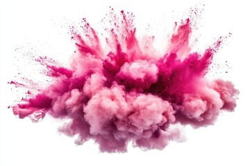 explosive cloud of vibrant crimson powder against pure white background, frozen motion capture, dynamic particle dispersion