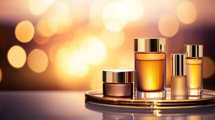 Fototapeta premium Elegant display of luxury skincare products on a reflective surface with a warm bokeh background