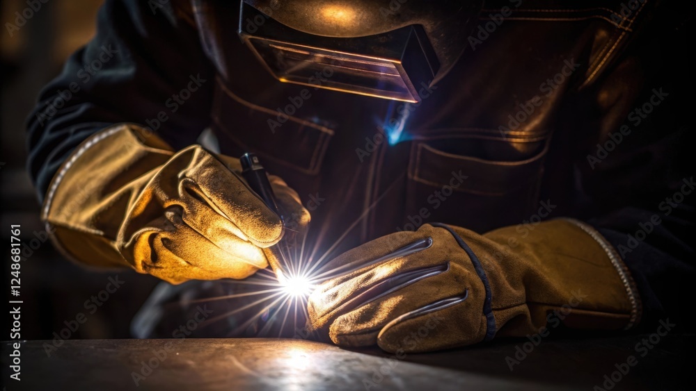 Poster A medium closeup highlighting the play of light on the welders gloves where the flickering glow from the torch creates an ethereal atmosphere encapsulating the artistry of welding.