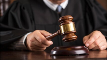 A medium closeup highlighting the judges hands resting on an ornate gavel with the robes fabric d elegantly emphasizing the weight of justice in the poised grip.