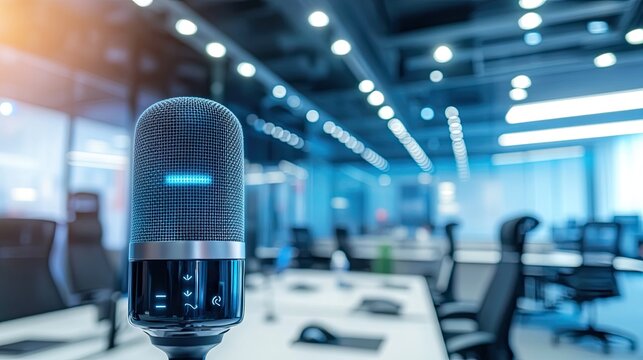 Smart microphone device in a modern workspace background concept