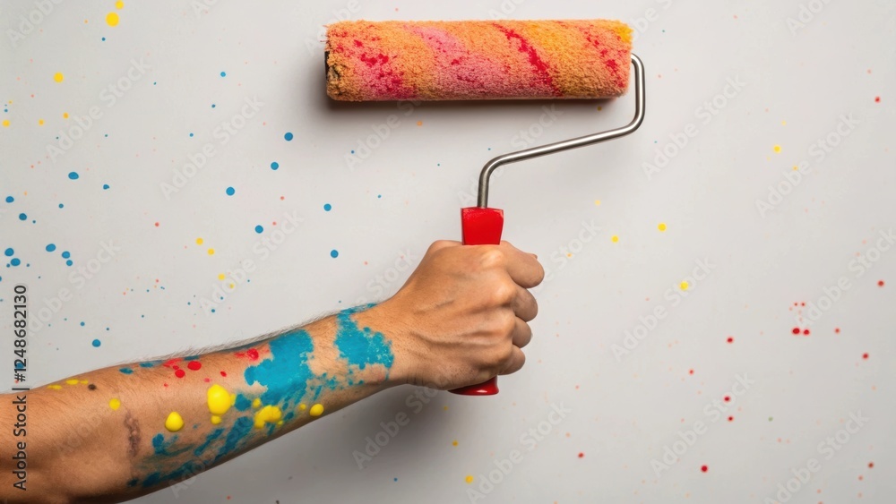 Poster a medium closeup of a hand adjusting the rollers grip with splatters of paint dotting the wrist and 