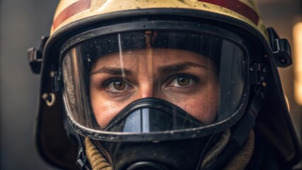 Fototapeta premium A medium closeup of a firefighters face framed by the protective mask revealing a blend of determination and concern as they prepare to battle a blaze.