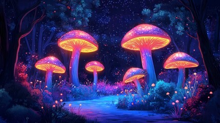 Fototapeta premium Luminous Mushrooms along a Night Forest Path