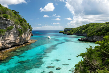 Fototapeta premium A stunning coastal view featuring turquoise waters, lush greenery, and rocky cliffs under a bright blue sky.
