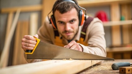 A medium closeup of the carpenter using a hand saw the blade gliding through the wood the pencil behind their ear emphasizing a moment of calculated craftsmanship with sawdust