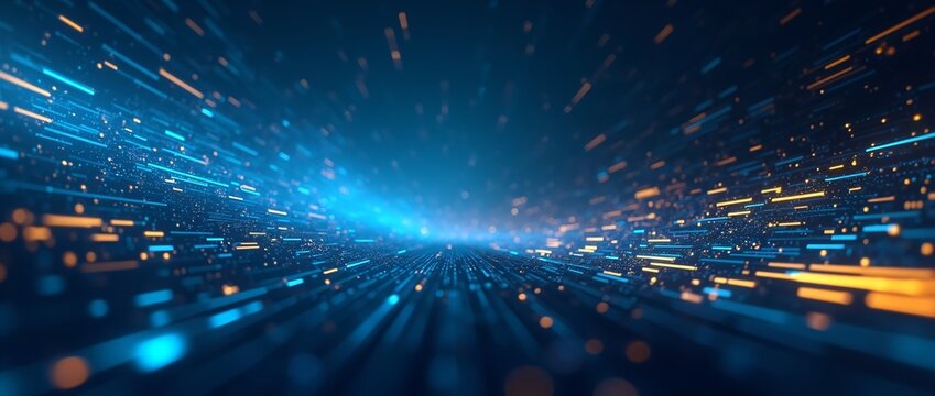 Abstract digital technology background with blue light particles and glowing dots. Futuristic cyberspace design. Abstract futuristic data stream. Digital transformation