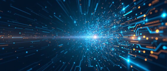Abstract digital technology background with blue light particles and glowing dots. Futuristic cyberspace design. Abstract futuristic data stream. Digital transformation
