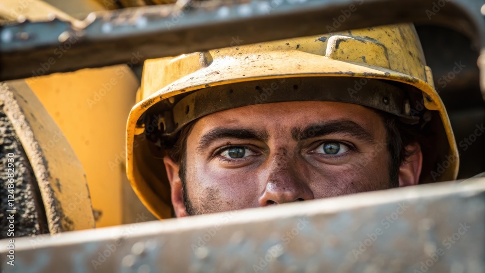 Poster a medium closeup of the operators face framed by a hard hat showcasing intense eyes that are fixed o