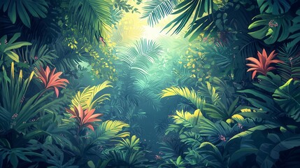 Obraz premium Lush Green Jungle with Sunlight and Red Flowers Pixel Art