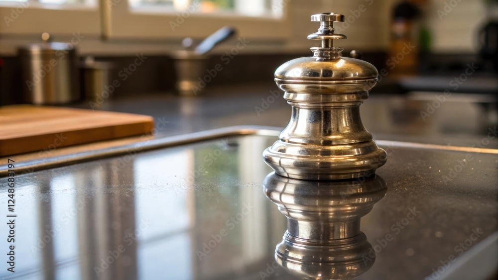Aufkleber a medium closeup of the reflected image of the grinder in a polished metal surface capturing the int