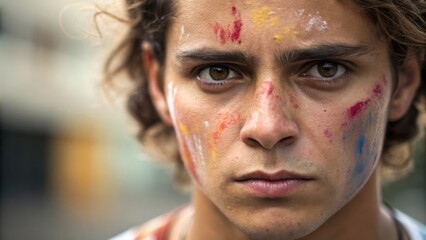 A medium closeup of the painters face focused and determined with splashes of paint on their cheek and forehead capturing the passion and intensity of the creative process.