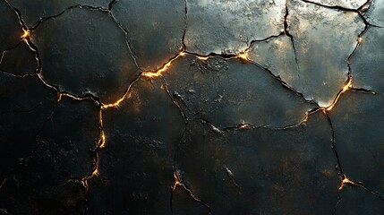 Cracked Surface with Glowing Highlights - A textured image featuring a dark cracked surface illuminated by glowing highlights, creating a striking visual effect.