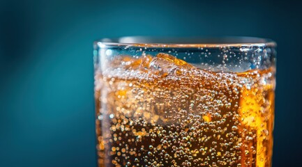Close Up of Sparkling Water in a Glass Against a Blue Background Highlighting Bubbles and Refreshing Hydration in a Vibrant Atmosphere