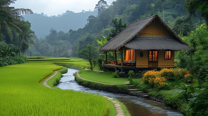 Tropical bungalow, rice paddy, river, sunset, tranquil escape