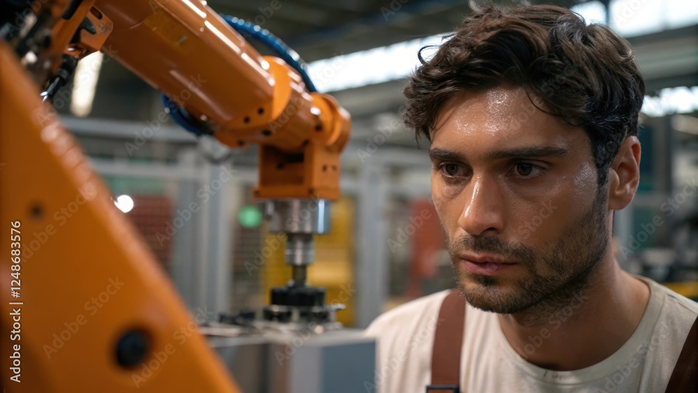 Leinwandbilder a medium closeup reveals a factory workers concentrated glance toward the robotic arm as it deftly a